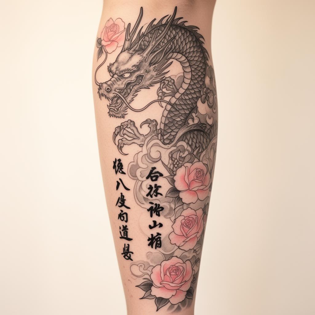 Second dragon tattoo with roses and Japanese names on the right arm